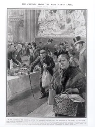 Les miettes de la table du riche : distribution des restes du festin aux pauvres dans le Guildhall le matin après le banquet, 1908